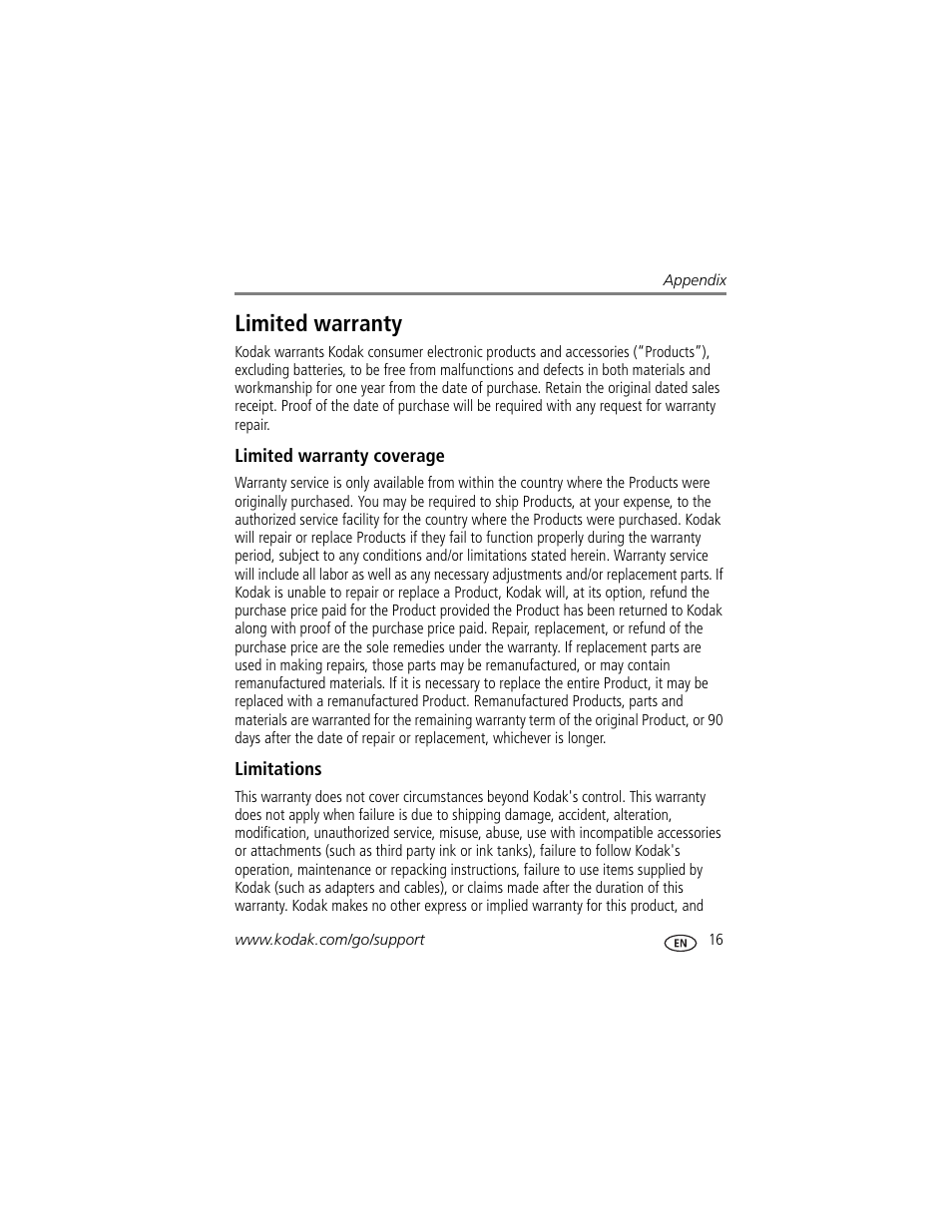 Limited warranty, Limited warranty coverage, Limitations | Kodak P85 User Manual | Page 21 / 28