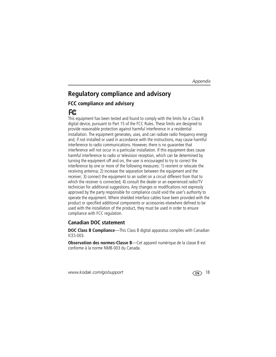 Regulatory compliance and advisory, Fcc compliance and advisory, Canadian doc statement | Kodak P85 User Manual | Page 23 / 28