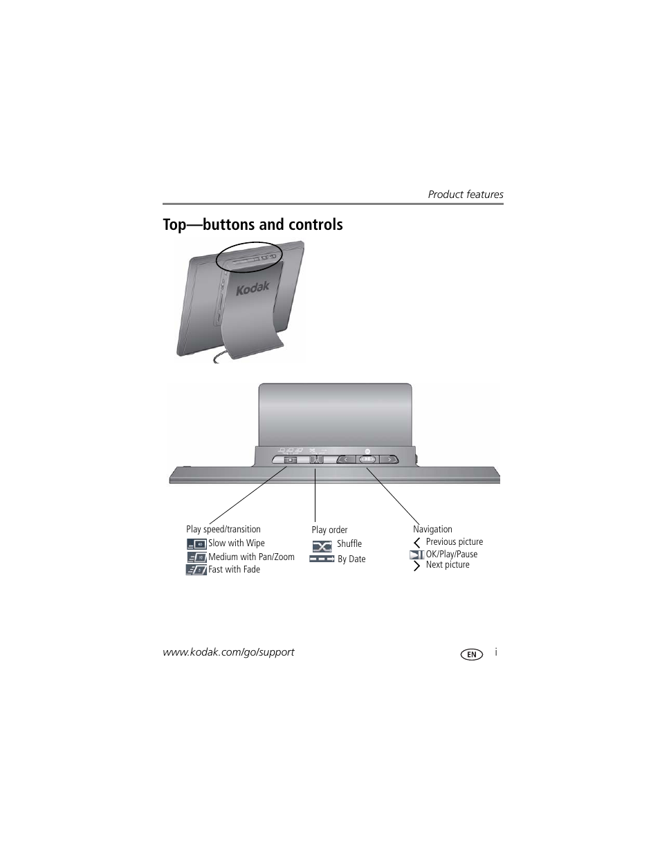 Product features, Top—buttons and controls | Kodak P85 User Manual | Page 3 / 28