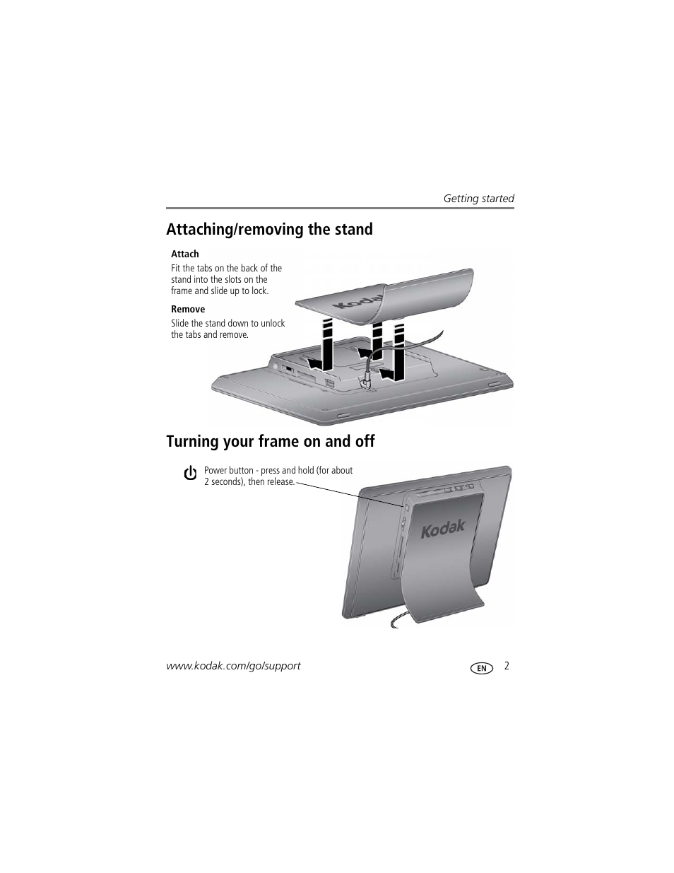 Attaching/removing the stand, Turning your frame on and off | Kodak P85 User Manual | Page 7 / 28