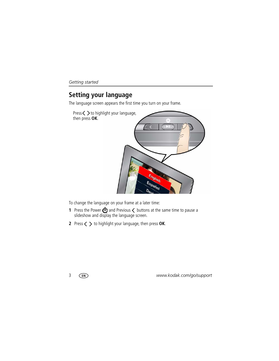 Setting your language | Kodak P85 User Manual | Page 8 / 28