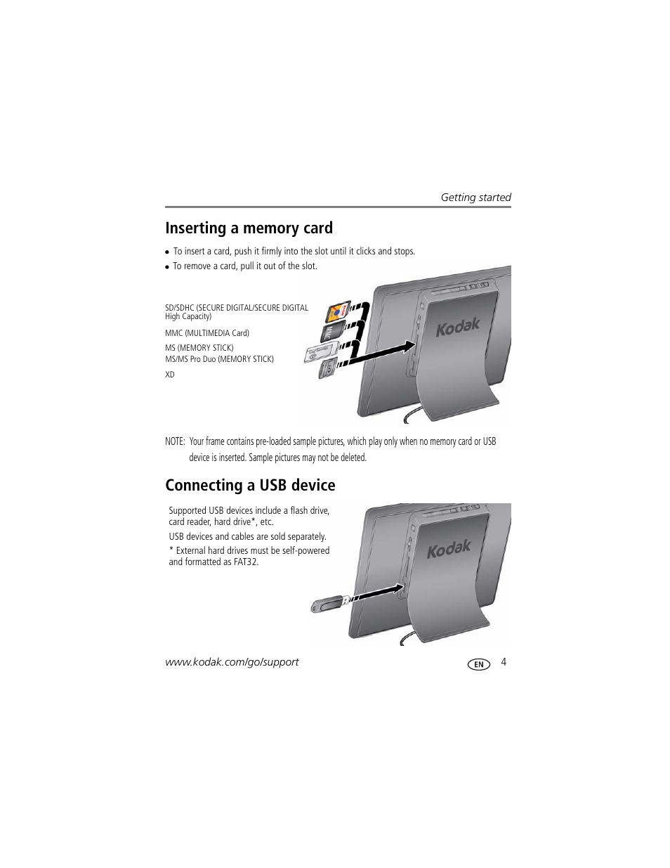 Inserting a memory card, Connecting a usb device, Inserting a memory card connecting a usb device | Kodak P85 User Manual | Page 9 / 28
