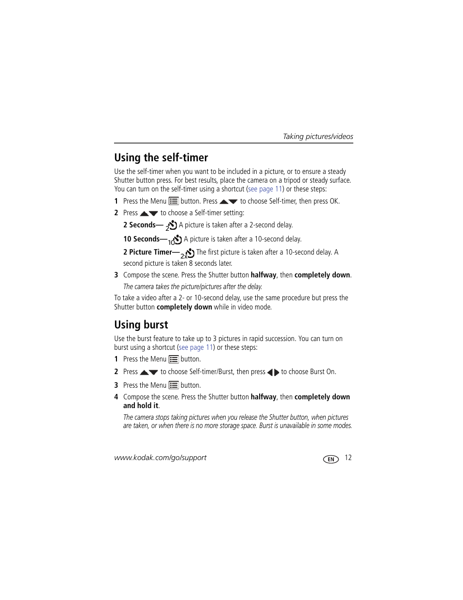 Using the self-timer, Using burst, Using the self-timer using burst | Kodak C1530 User Manual | Page 19 / 65