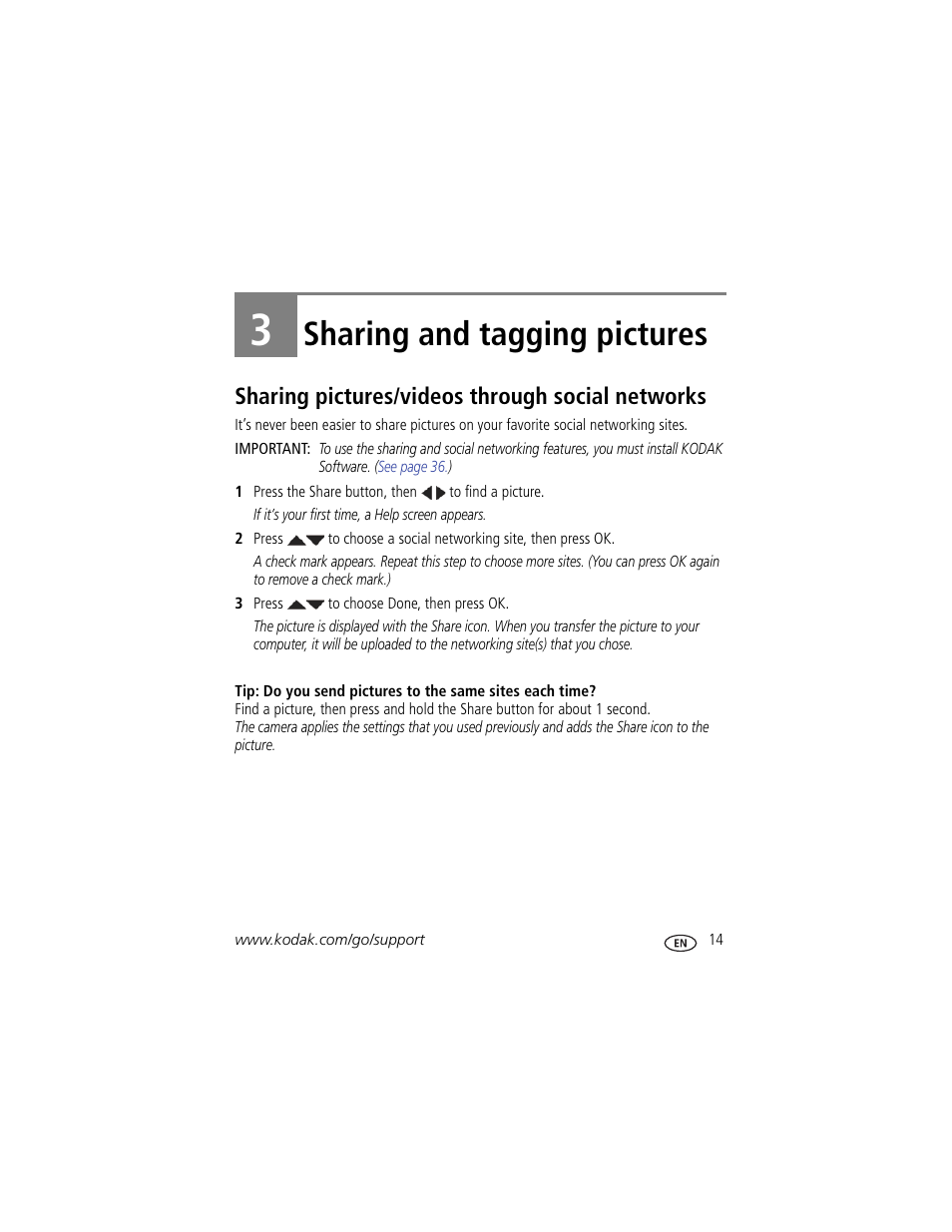 Sharing and tagging pictures, Sharing pictures/videos through social networks, 3 sharing and tagging pictures | Kodak C1530 User Manual | Page 21 / 65