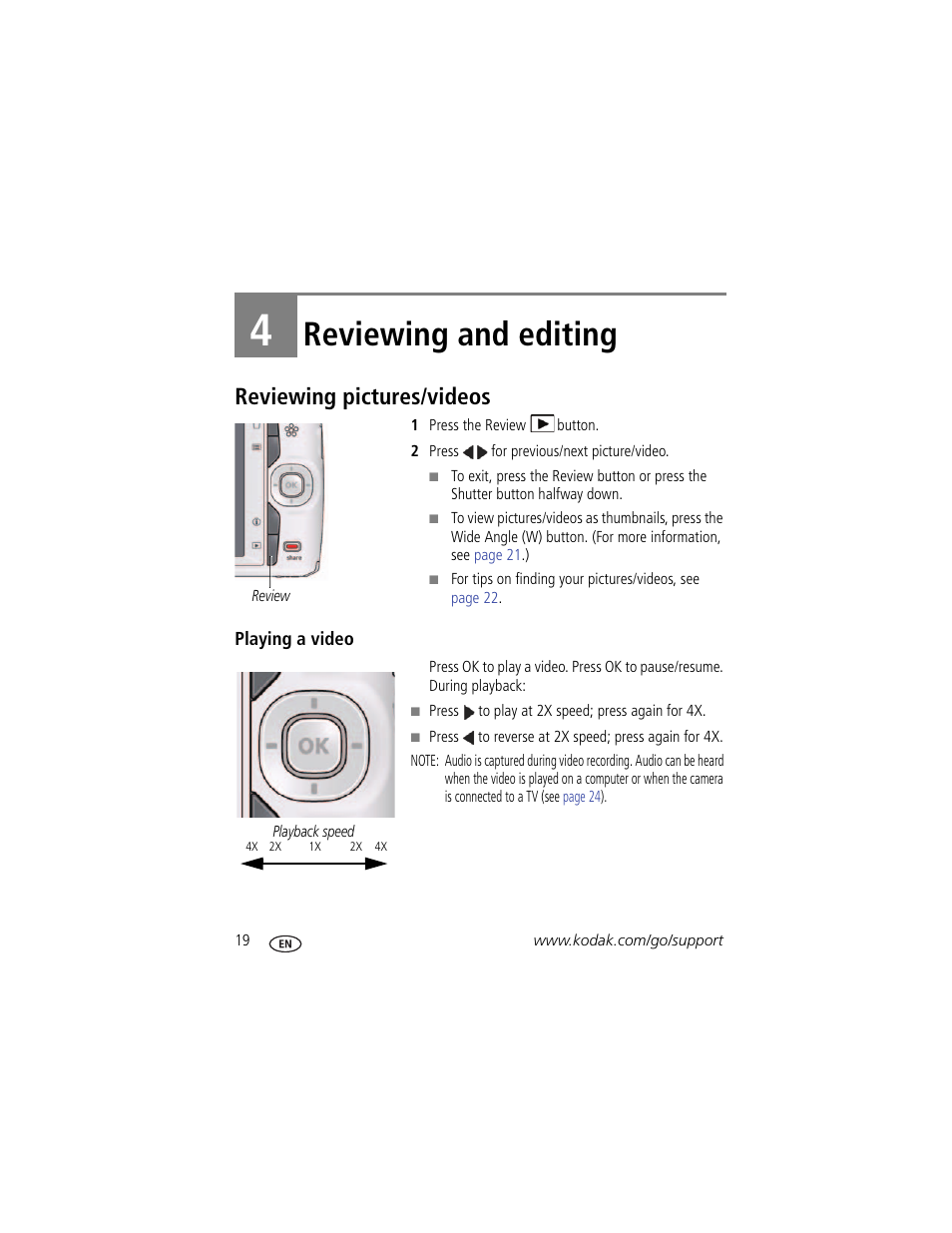 Reviewing and editing, Reviewing pictures/videos, Playing a video | 4 reviewing and editing | Kodak C1530 User Manual | Page 26 / 65
