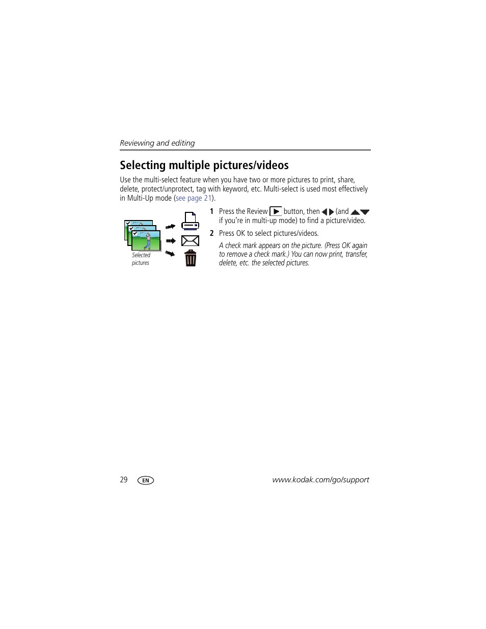 Selecting multiple pictures/videos | Kodak C1530 User Manual | Page 36 / 65