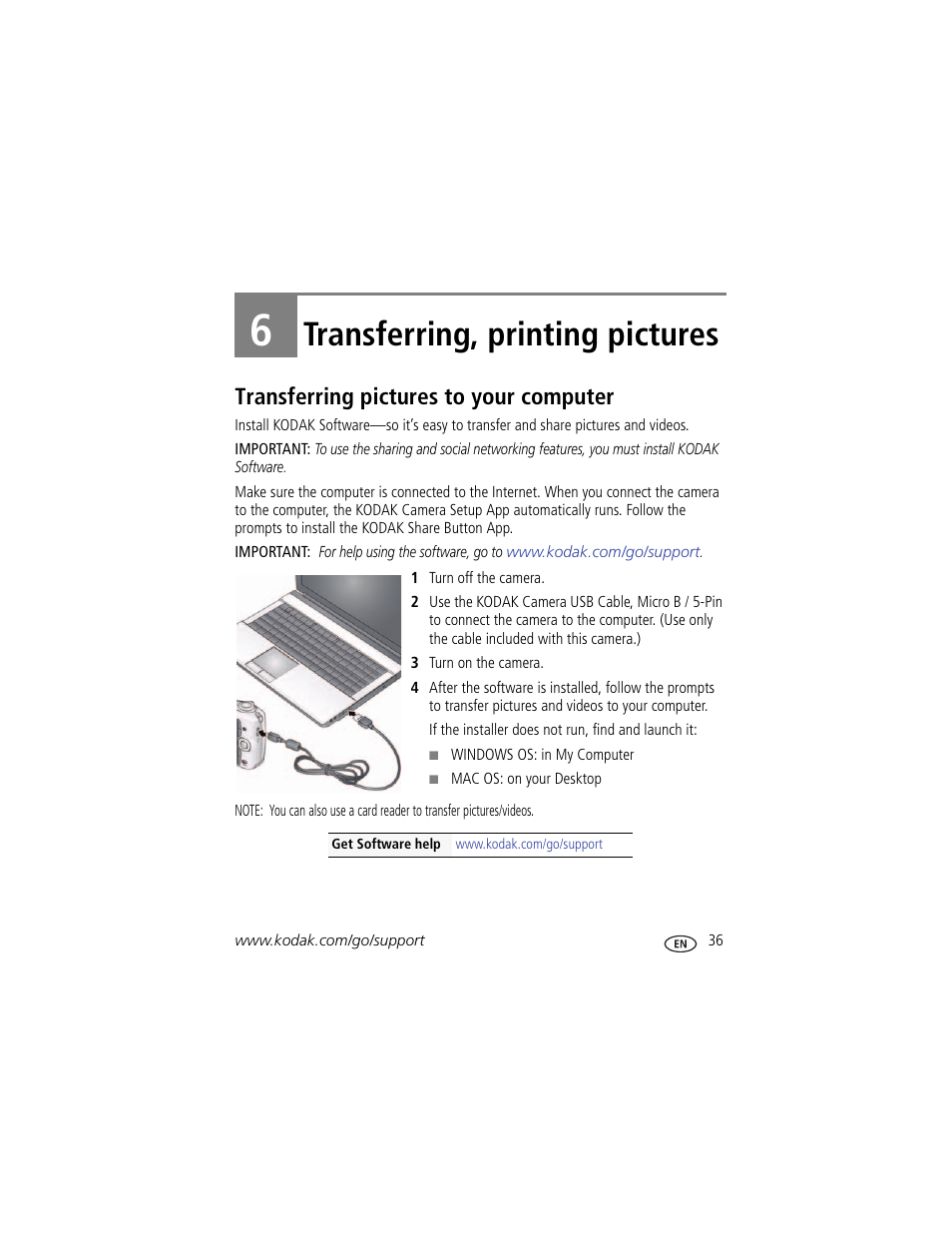 Transferring, printing pictures, Transferring pictures to your computer, 6 transferring, printing pictures | K software | Kodak C1530 User Manual | Page 43 / 65