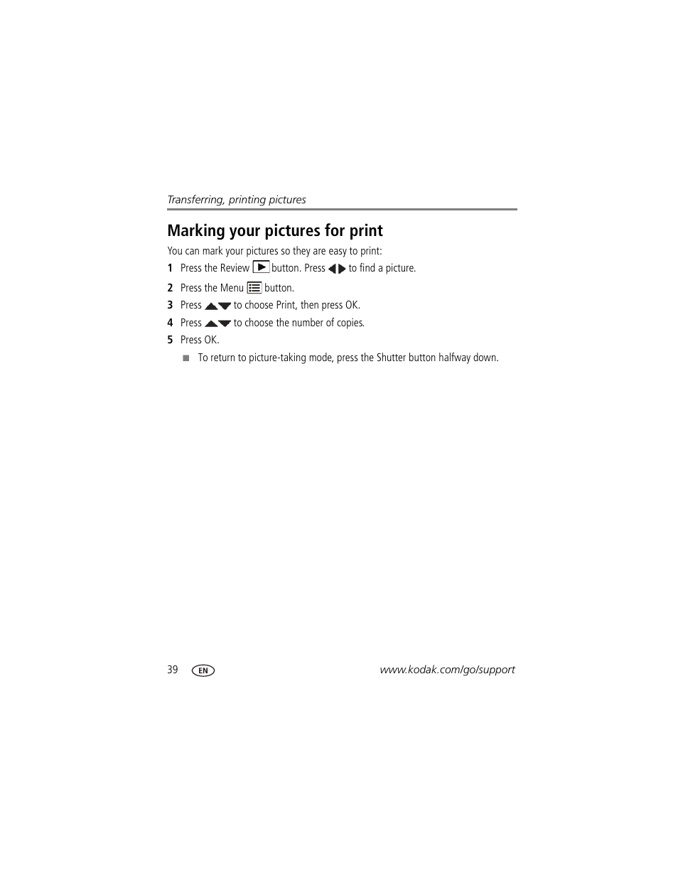Marking your pictures for print | Kodak C1530 User Manual | Page 46 / 65