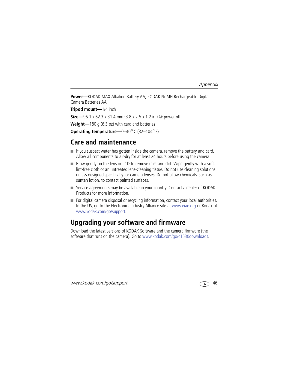 Care and maintenance, Upgrading your software and firmware, The lens | Kodak C1530 User Manual | Page 53 / 65
