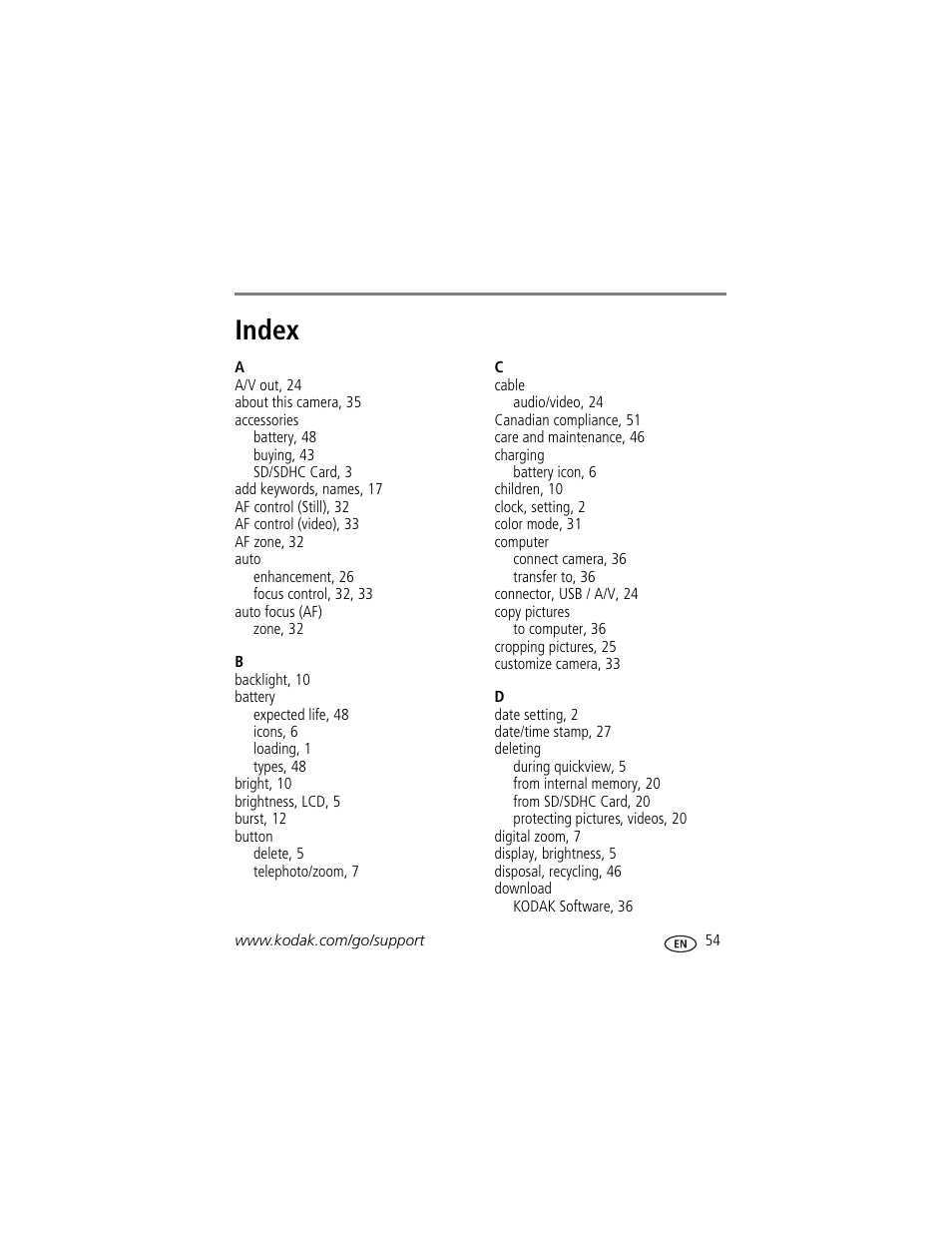 Index | Kodak C1530 User Manual | Page 61 / 65