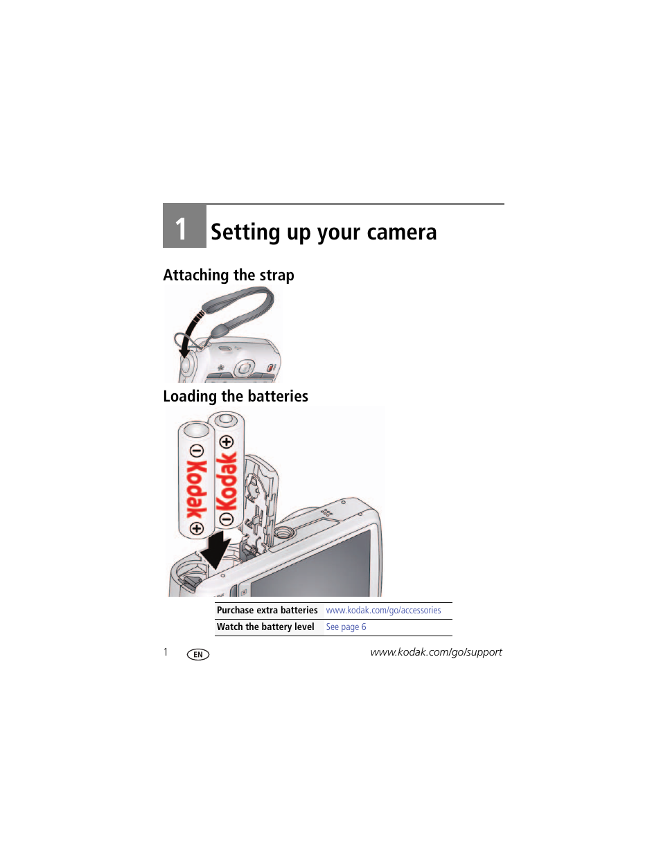 Setting up your camera, Attaching the strap, Loading the batteries | 1 setting up your camera, Attaching the strap loading the batteries | Kodak C1530 User Manual | Page 8 / 65