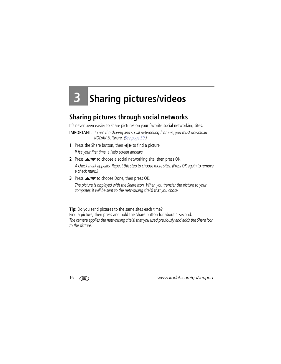 Sharing pictures/videos, Sharing pictures through social networks, 3 sharing pictures/videos | Kodak M590 User Manual | Page 22 / 67