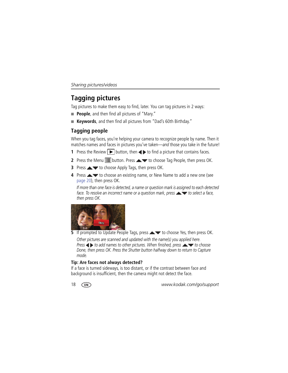 Tagging people, Tagging pictures | Kodak M590 User Manual | Page 24 / 67