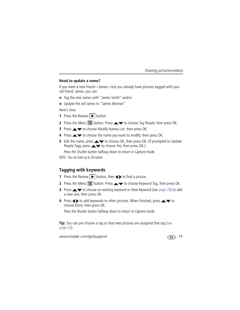 Tagging with keywords | Kodak M590 User Manual | Page 25 / 67