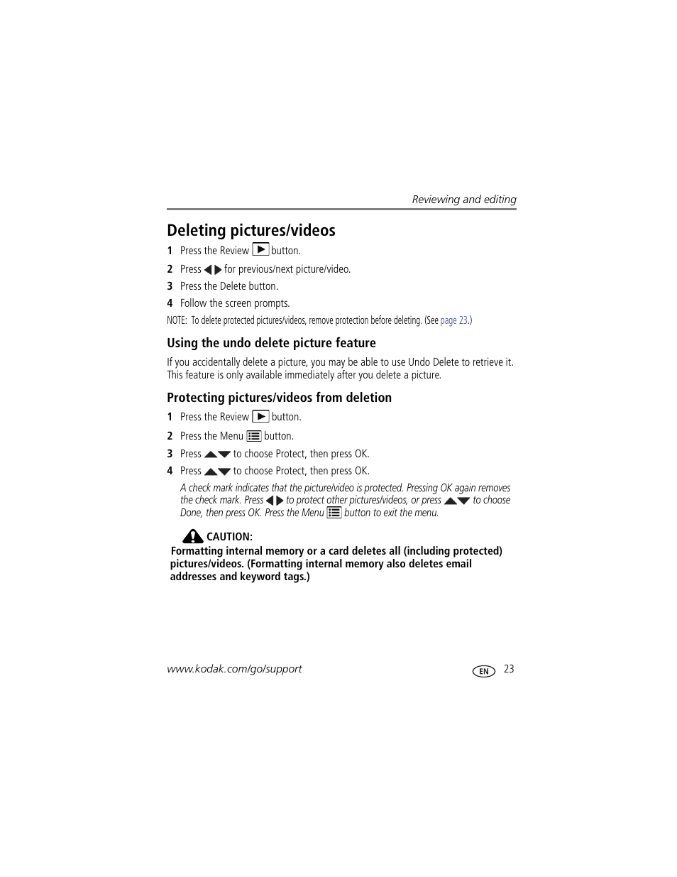 Using the undo delete picture feature, Protecting pictures/videos from deletion, Deleting pictures/videos | Kodak M590 User Manual | Page 29 / 67