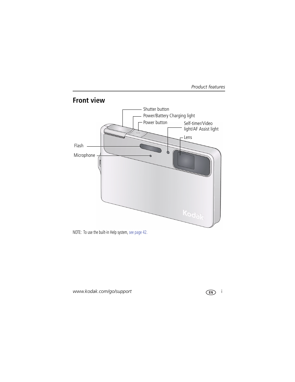 Product features, Front view | Kodak M590 User Manual | Page 3 / 67