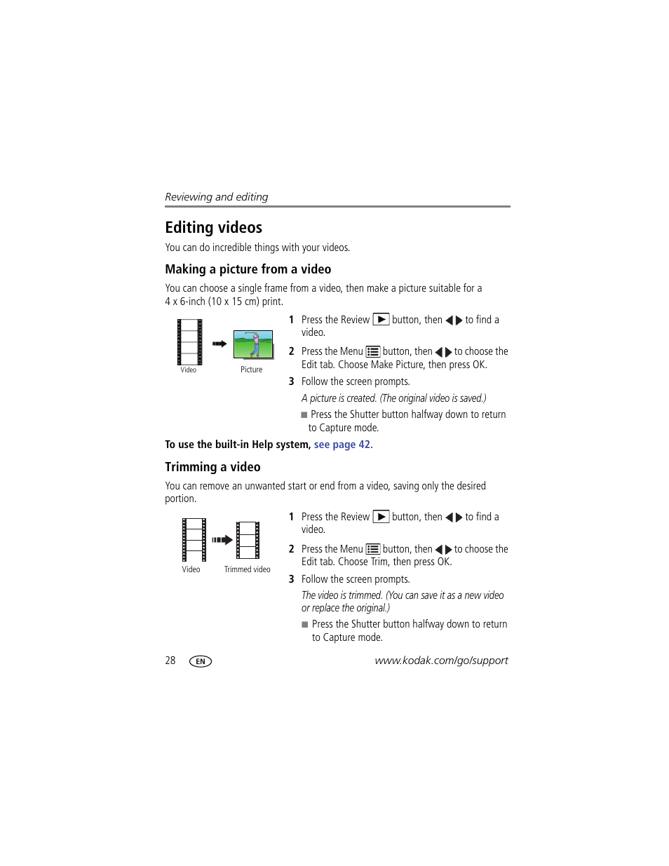 Making a picture from a video, Trimming a video, Editing videos | Kodak M590 User Manual | Page 34 / 67