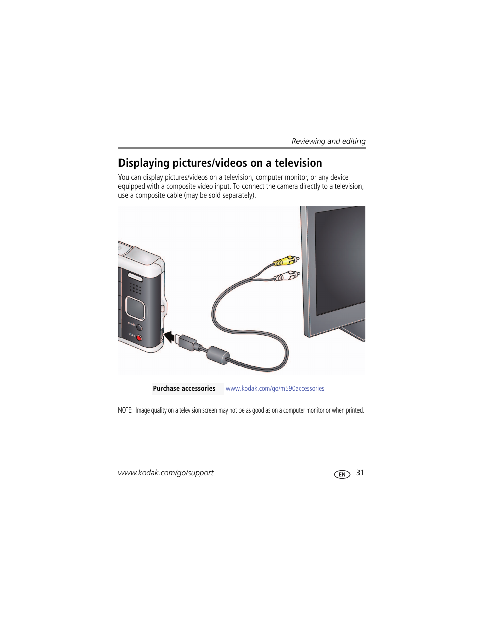 Displaying pictures/videos on a television | Kodak M590 User Manual | Page 37 / 67