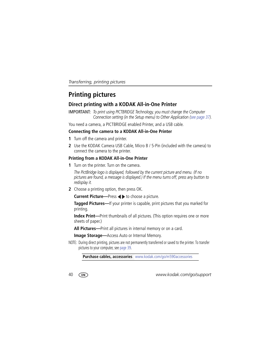 Direct printing with a kodak all-in-one printer, Printing from a kodak all-in-one printer, Printing pictures | Kodak M590 User Manual | Page 46 / 67