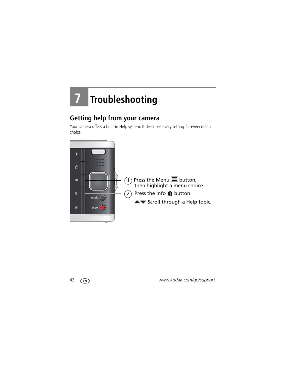 Troubleshooting, Getting help from your camera, 7 troubleshooting | System | Kodak M590 User Manual | Page 48 / 67