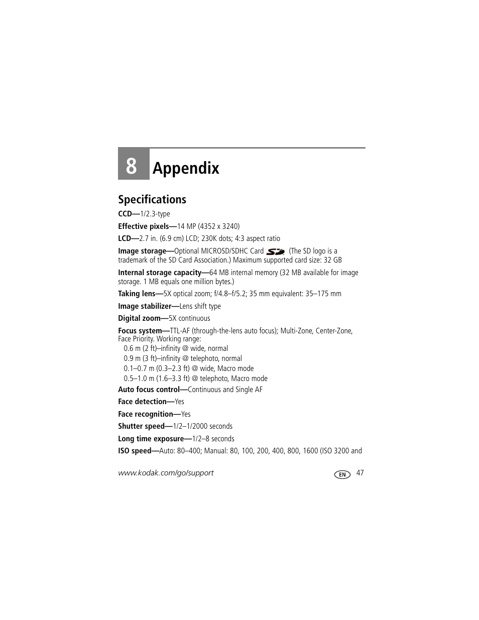 Appendix, Specifications, 8 appendix | Ations starting on | Kodak M590 User Manual | Page 53 / 67