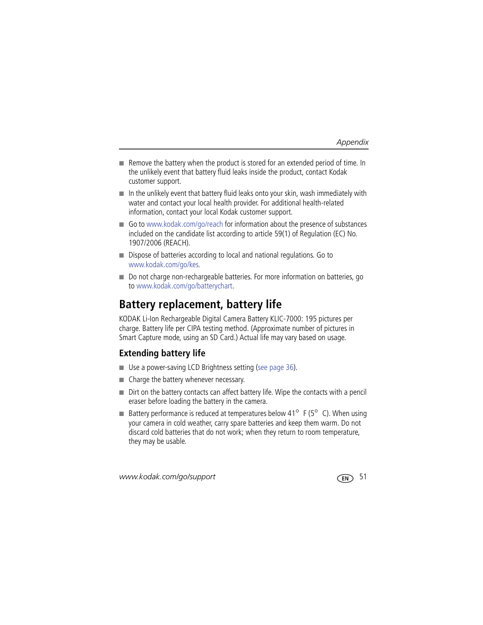 Battery replacement, battery life, Extending battery life | Kodak M590 User Manual | Page 57 / 67