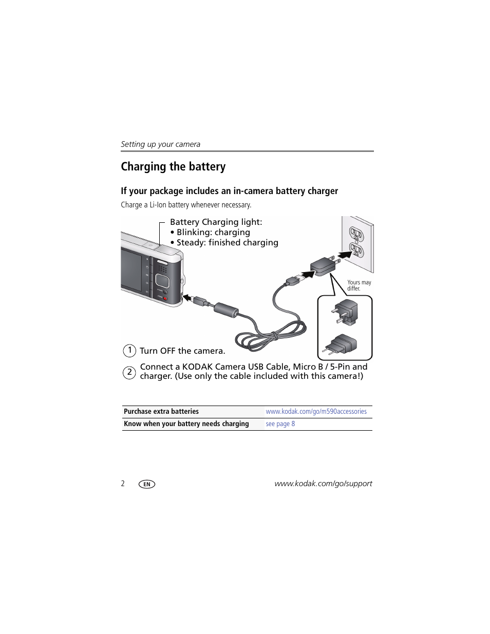 Charging the battery | Kodak M590 User Manual | Page 8 / 67