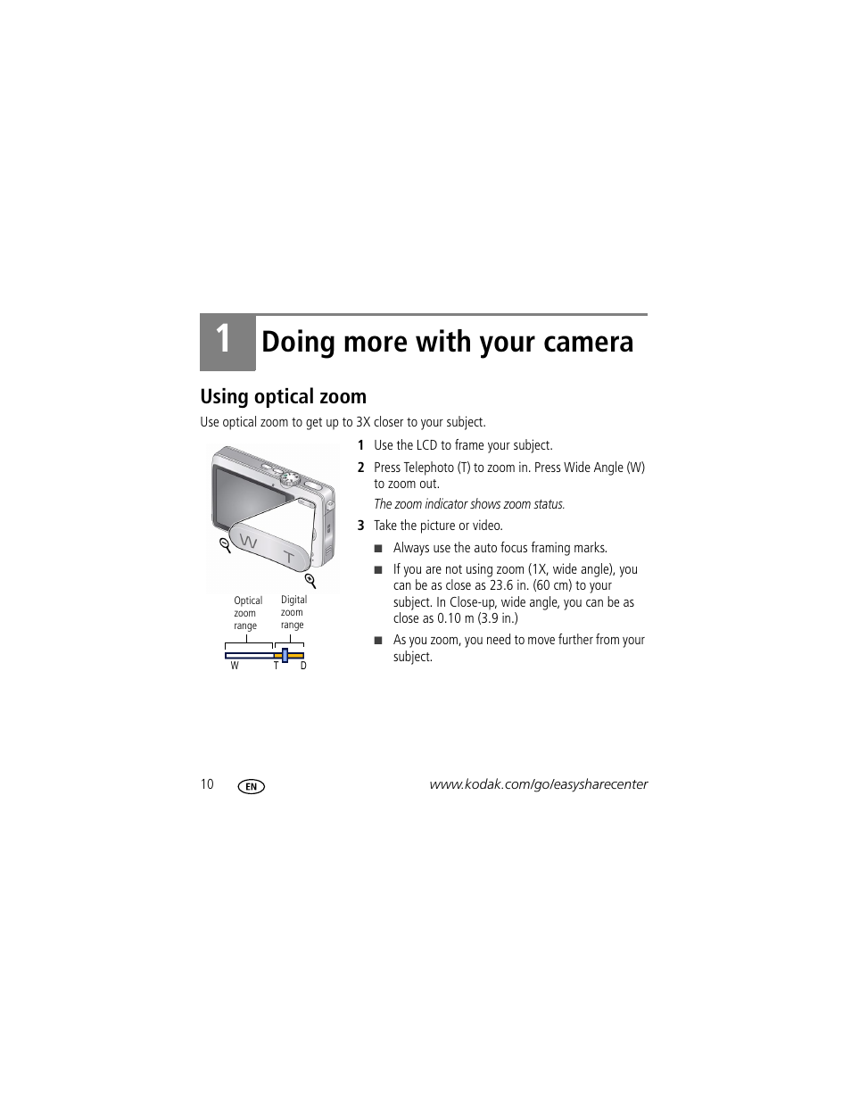 Doing more with your camera, Using optical zoom | Kodak MD1063 User Manual | Page 10 / 29