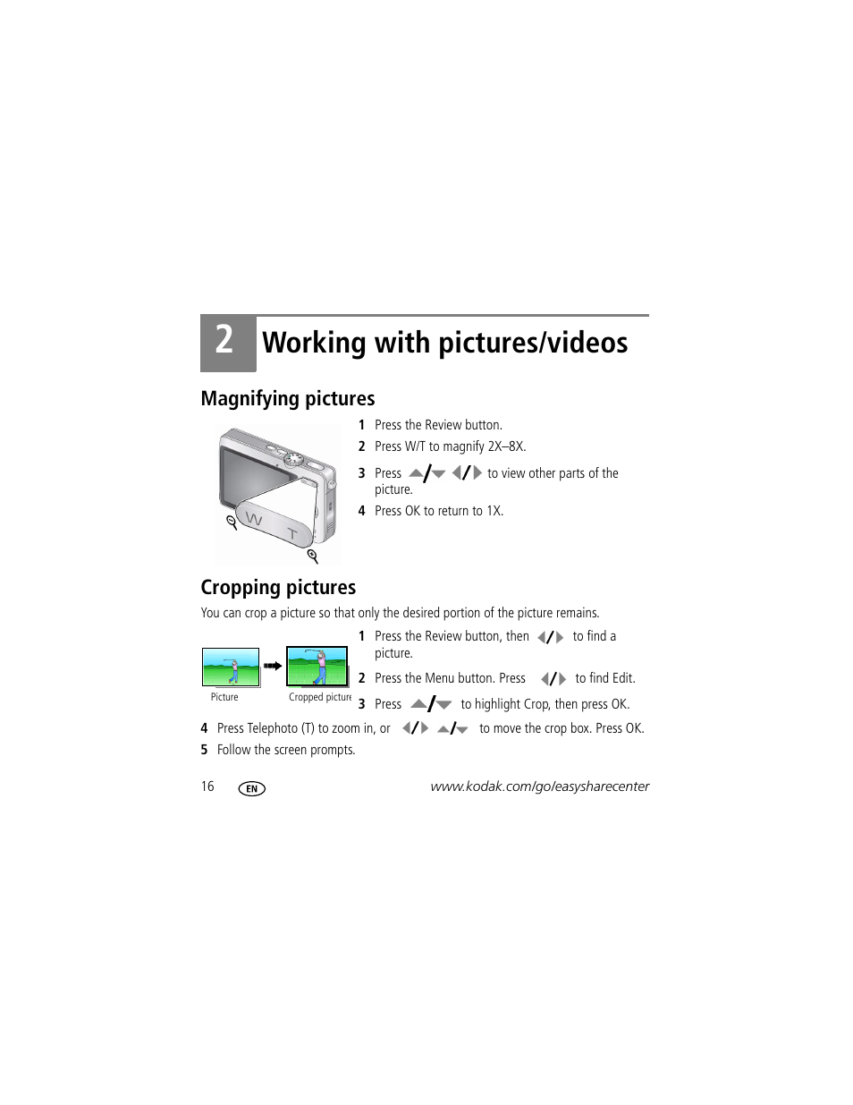 Working with pictures/videos, Magnifying pictures, Cropping pictures | Kodak MD1063 User Manual | Page 16 / 29