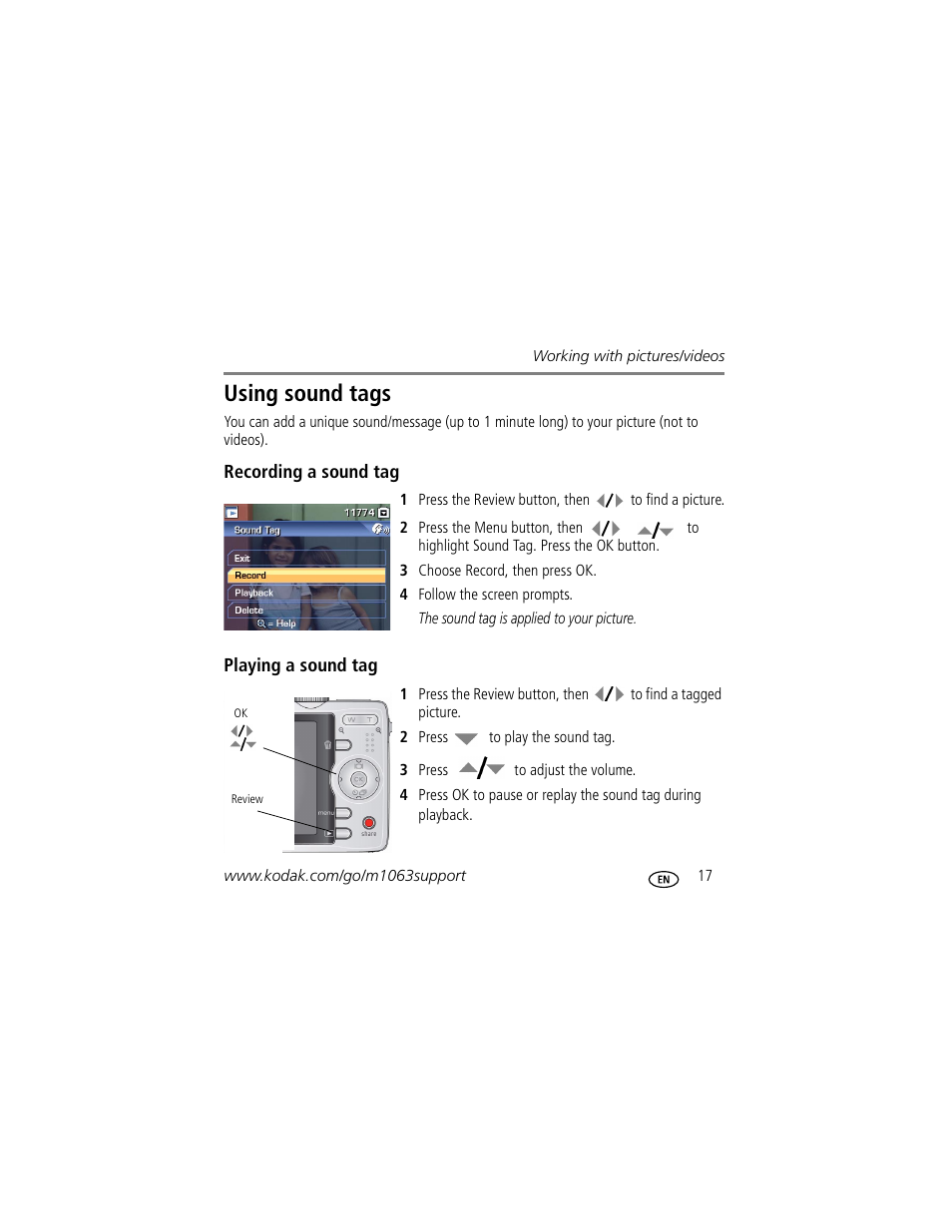Using sound tags | Kodak MD1063 User Manual | Page 17 / 29