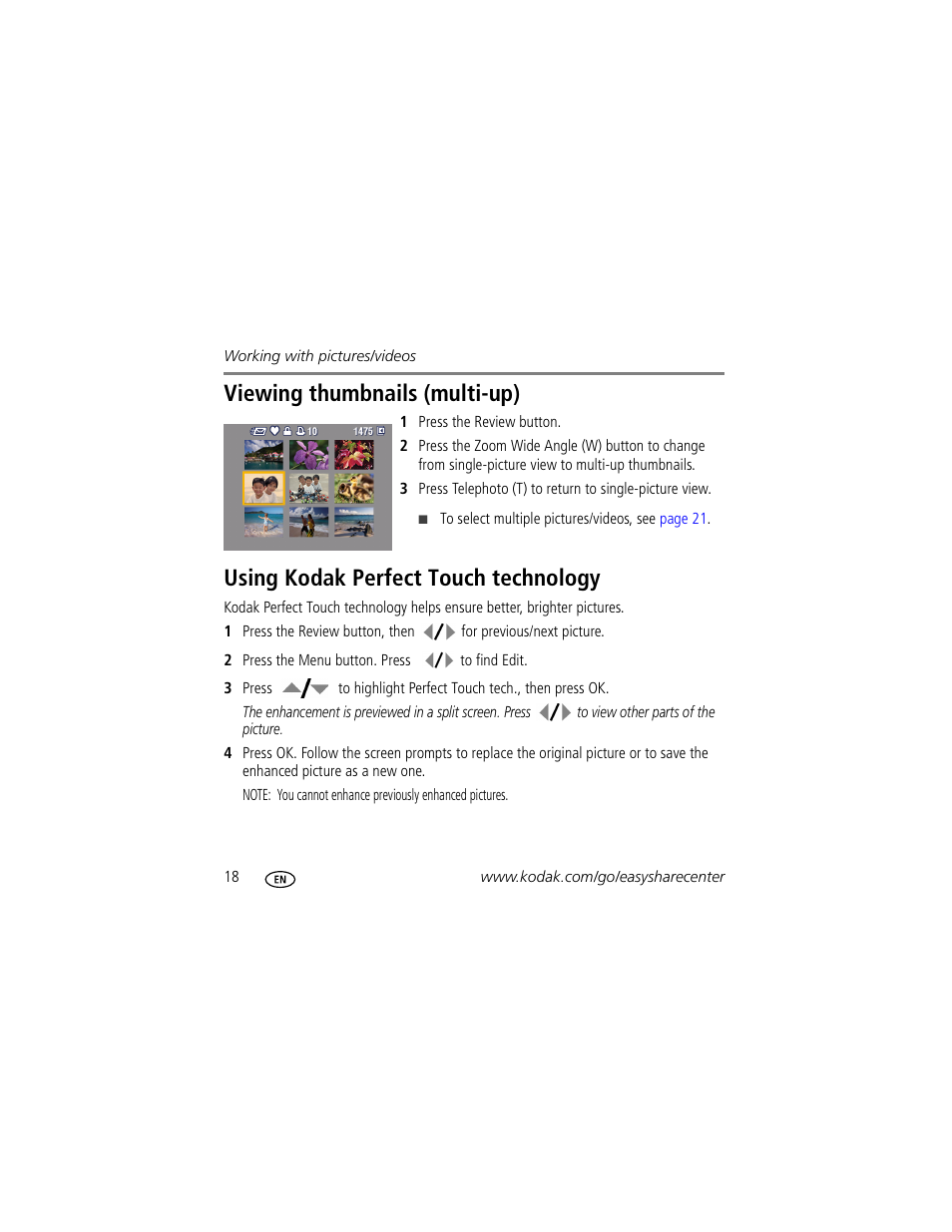 Viewing thumbnails (multi-up), Using kodak perfect touch technology | Kodak MD1063 User Manual | Page 18 / 29