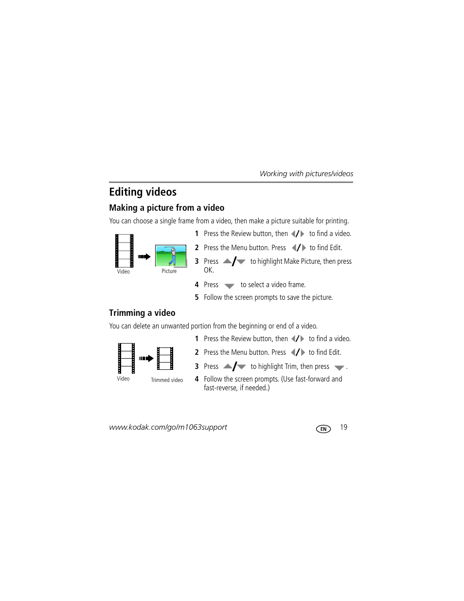 Editing videos | Kodak MD1063 User Manual | Page 19 / 29