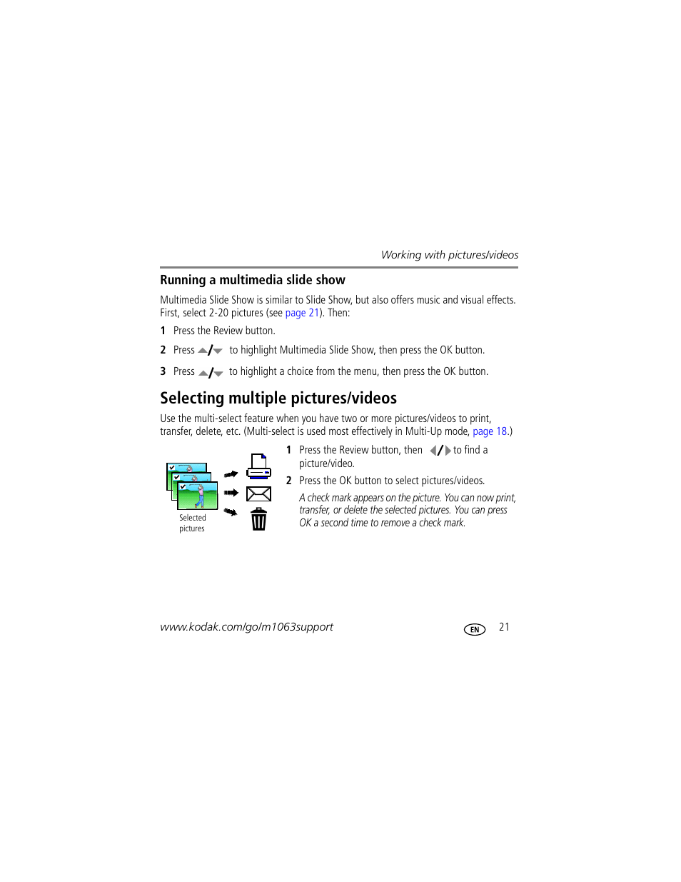 Selecting multiple pictures/videos | Kodak MD1063 User Manual | Page 21 / 29