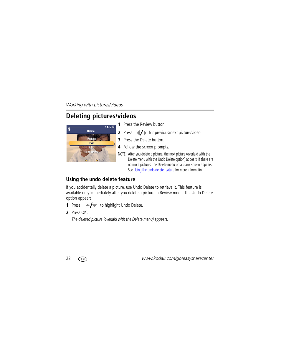Deleting pictures/videos | Kodak MD1063 User Manual | Page 22 / 29