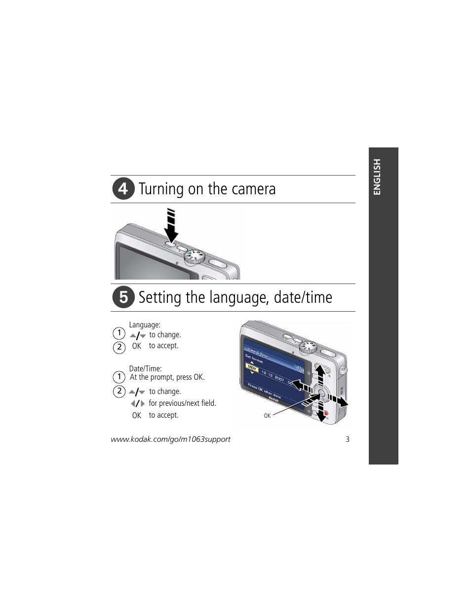 Turning on the camera, Setting the language, date/time | Kodak MD1063 User Manual | Page 3 / 29