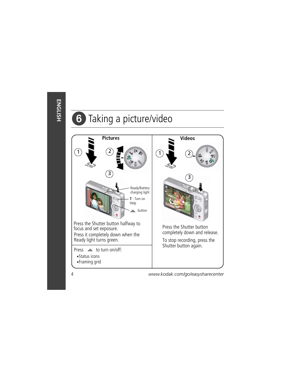 Taking a picture/video | Kodak MD1063 User Manual | Page 4 / 29