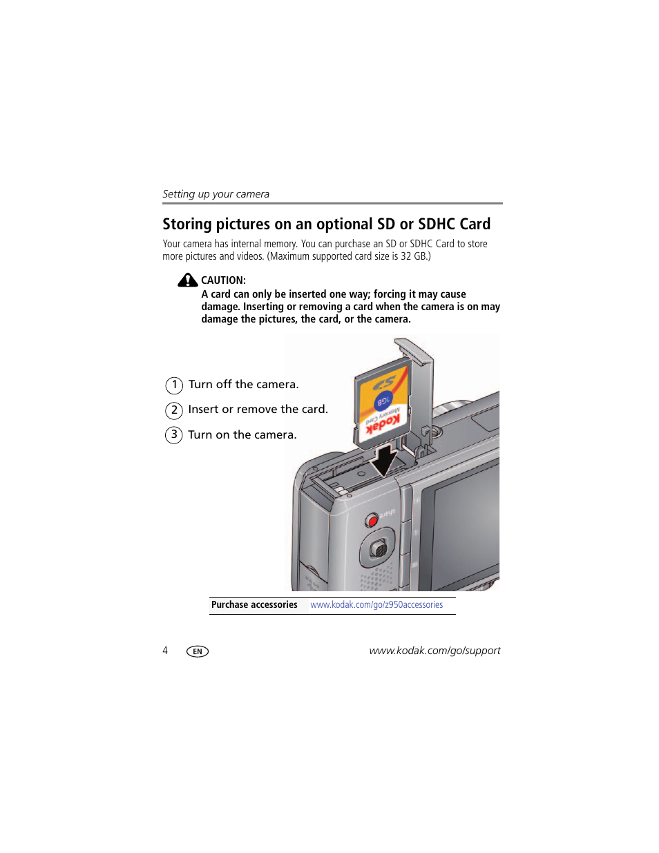 Storing pictures on an optional sd or sdhc card | Kodak Z950 User Manual | Page 10 / 72