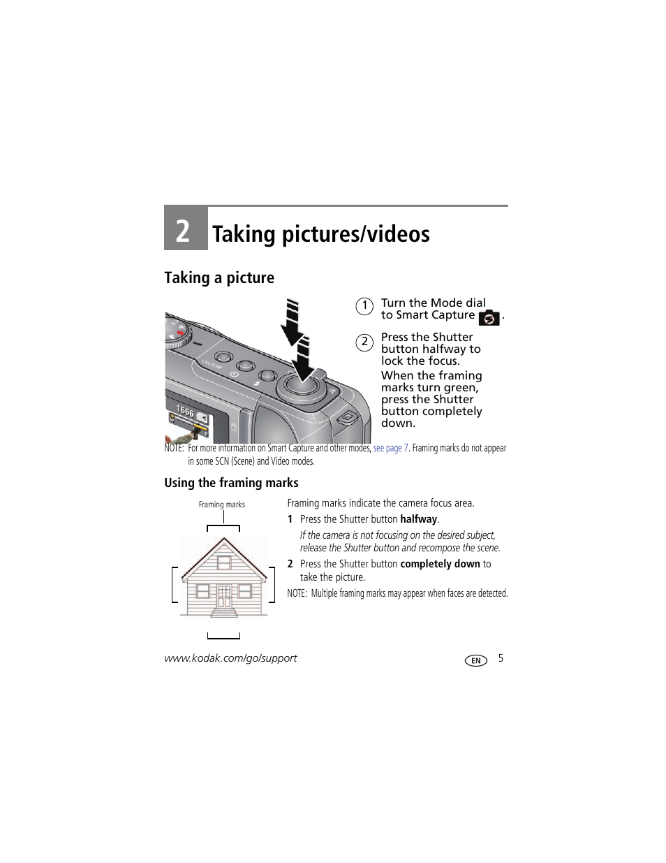 Taking pictures/videos, Taking a picture, Using the framing marks | 2 taking pictures/videos | Kodak Z950 User Manual | Page 11 / 72