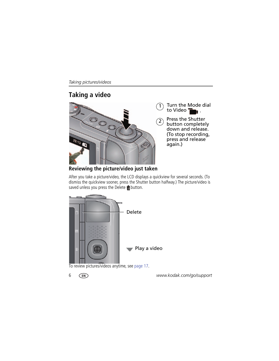 Taking a video, Reviewing the picture/video just taken | Kodak Z950 User Manual | Page 12 / 72