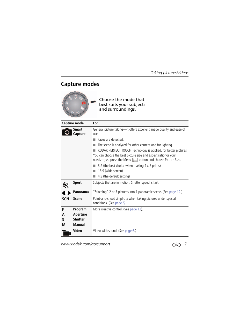 Capture modes | Kodak Z950 User Manual | Page 13 / 72