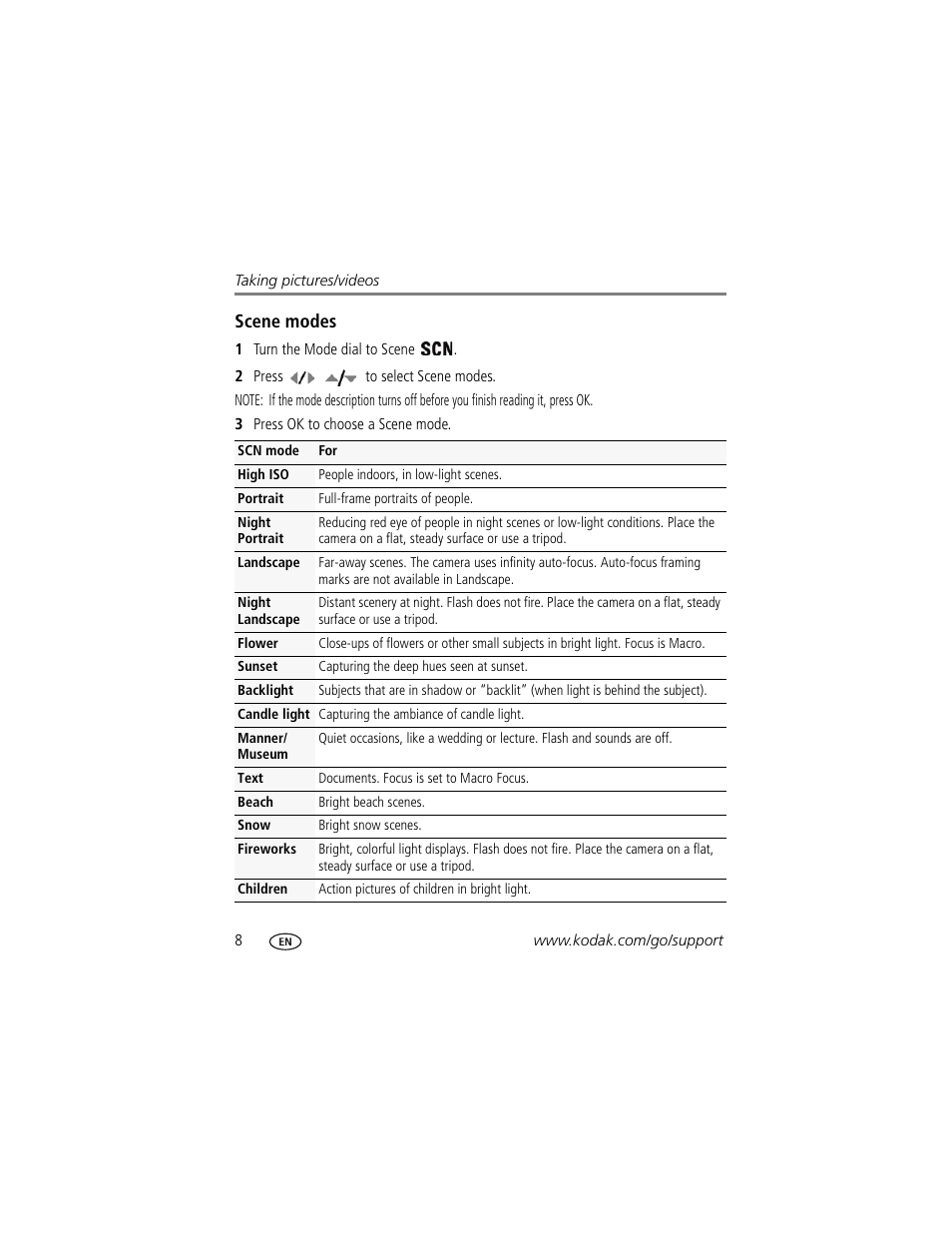 Scene modes, Ons. (see | Kodak Z950 User Manual | Page 14 / 72