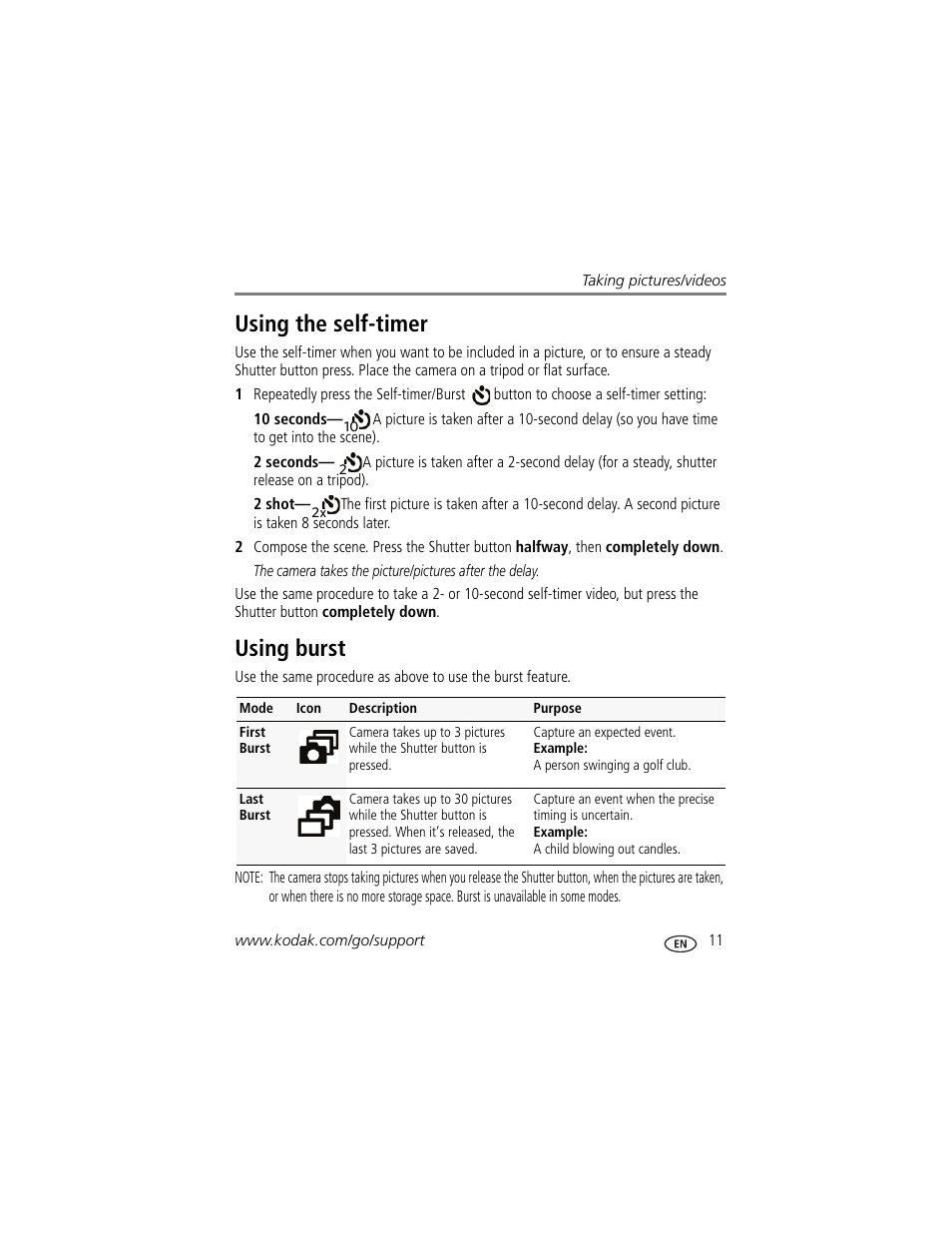 Using the self-timer, Using burst, Using the self-timer using burst | Kodak Z950 User Manual | Page 17 / 72