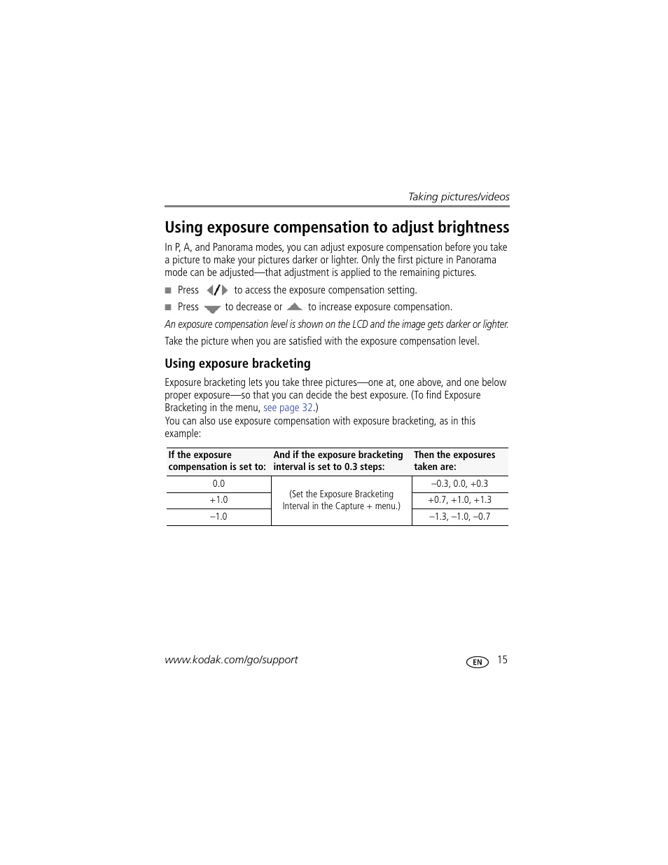 Using exposure compensation to adjust brightness, Using exposure bracketing | Kodak Z950 User Manual | Page 21 / 72