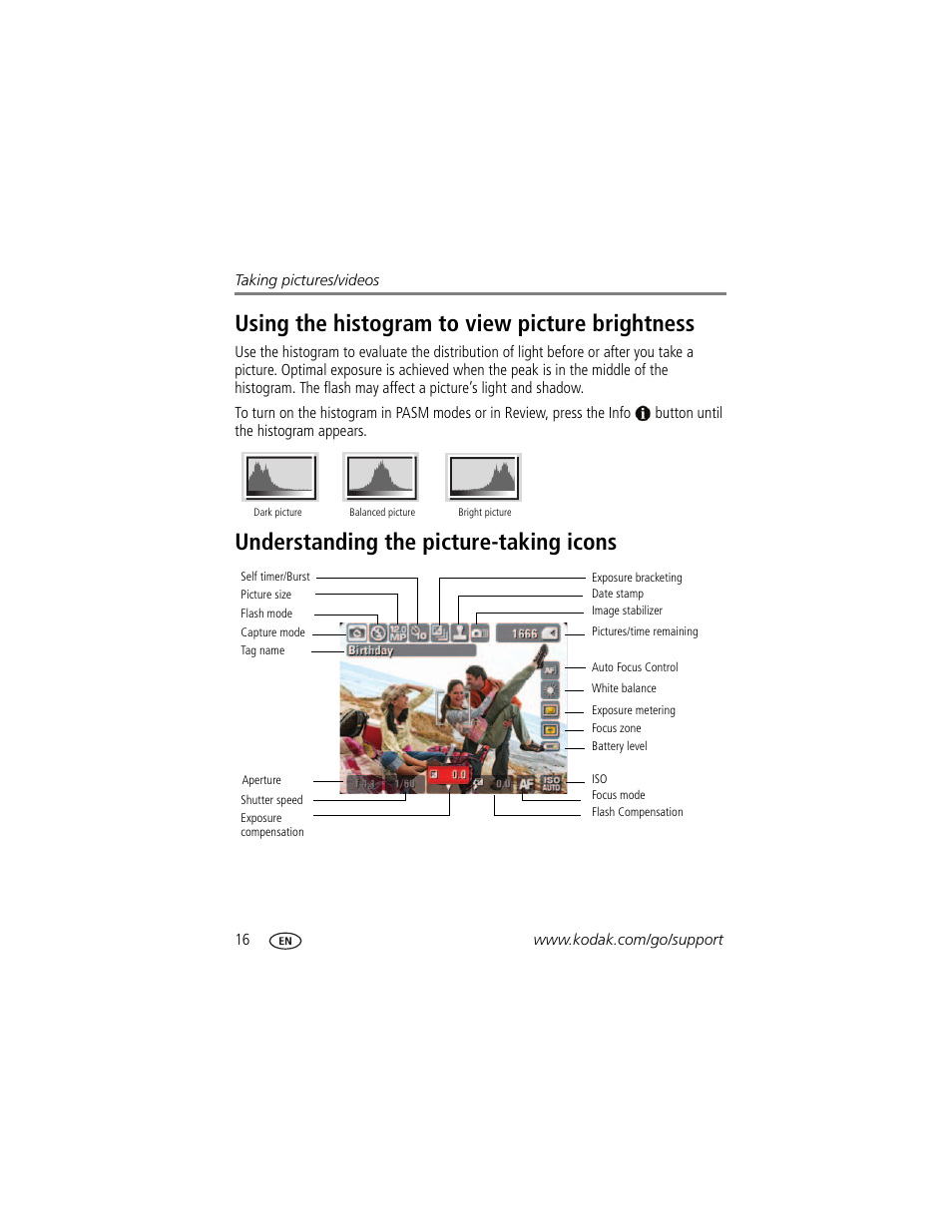 Using the histogram to view picture brightness, Understanding the picture-taking icons | Kodak Z950 User Manual | Page 22 / 72