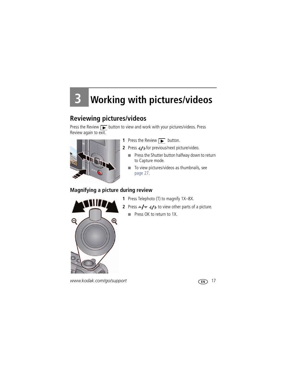 Working with pictures/videos, Reviewing pictures/videos, Magnifying a picture during review | 3 working with pictures/videos | Kodak Z950 User Manual | Page 23 / 72