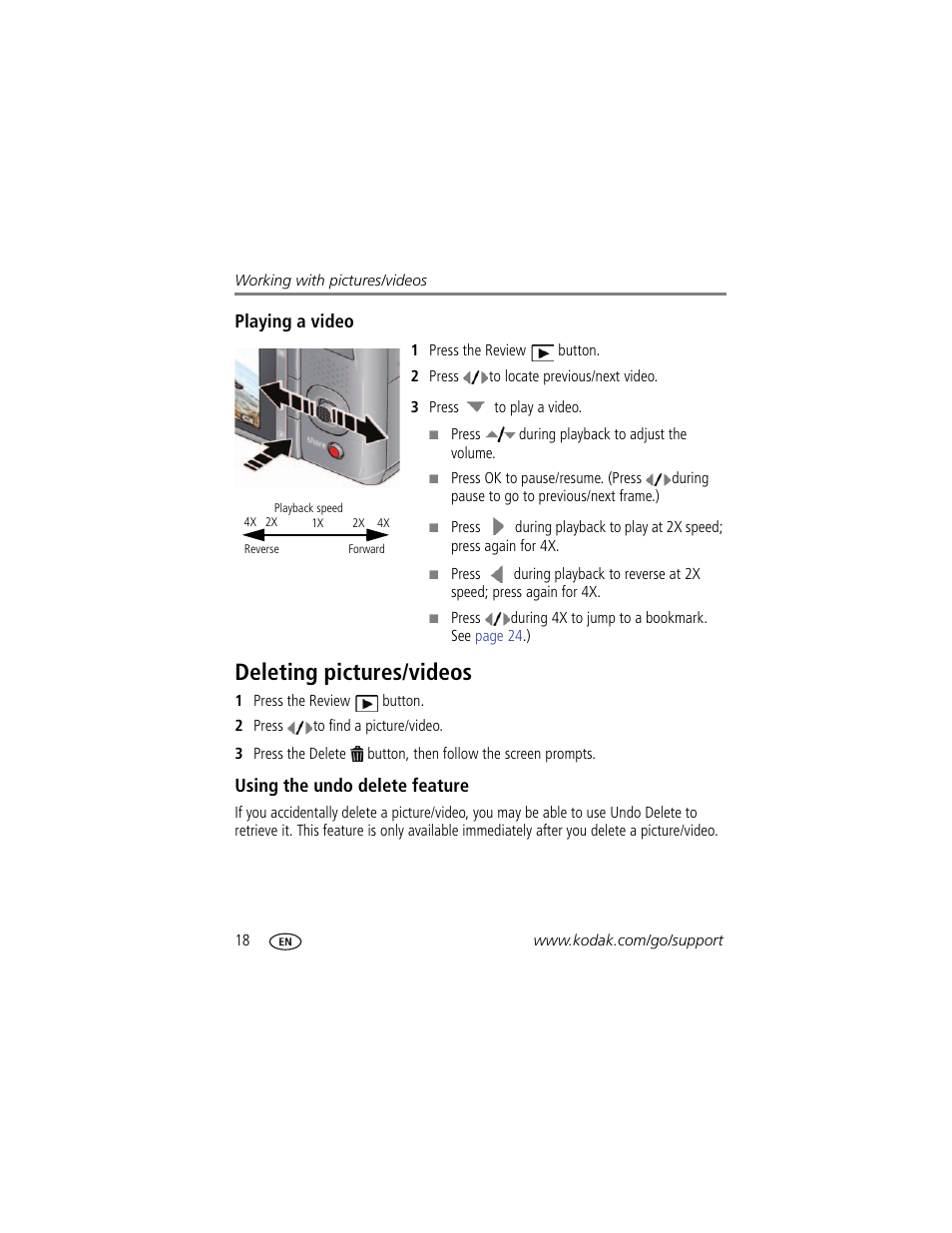 Playing a video, Deleting pictures/videos, Using the undo delete feature | Kodak Z950 User Manual | Page 24 / 72