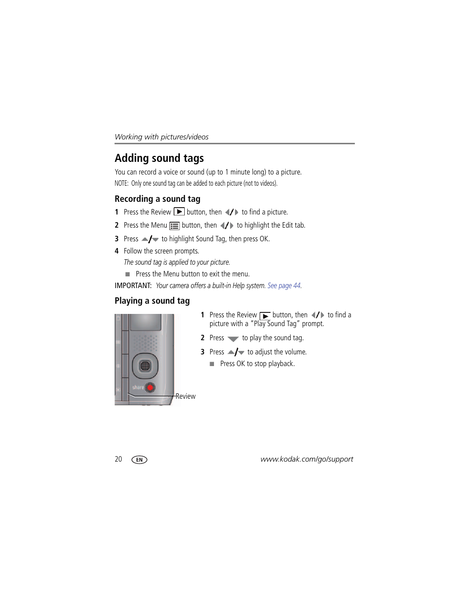 Adding sound tags, Recording a sound tag, Playing a sound tag | Kodak Z950 User Manual | Page 26 / 72