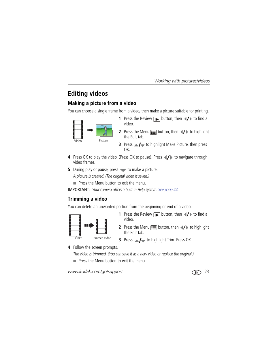 Editing videos, Making a picture from a video, Trimming a video | Kodak Z950 User Manual | Page 29 / 72