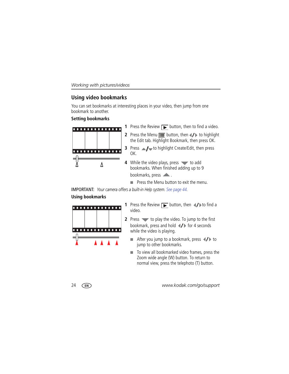 Using video bookmarks, Setting bookmarks, Using bookmarks | Kodak Z950 User Manual | Page 30 / 72