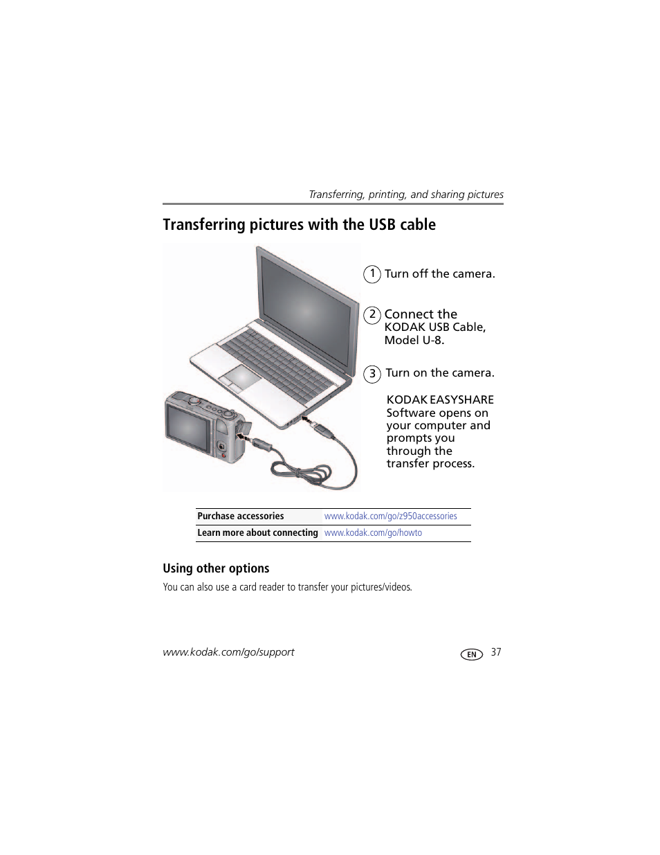 Transferring pictures with the usb cable, Using other options | Kodak Z950 User Manual | Page 43 / 72